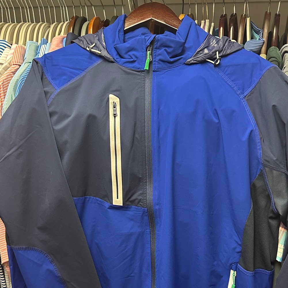 RLX Ralph Lauren Blue and Navy Raincoat with Modern Athletic Design